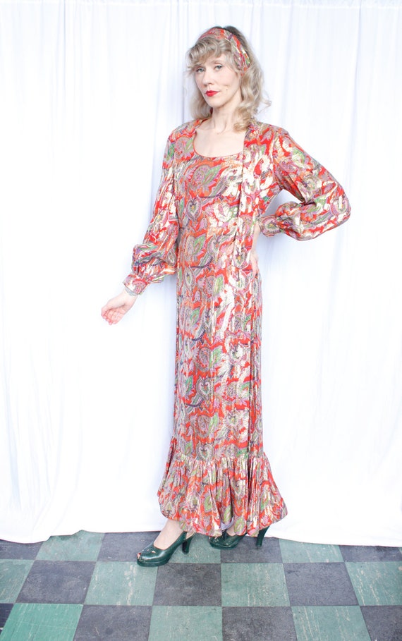 1970s Red & Gold Metallic Maxi Dress - image 7