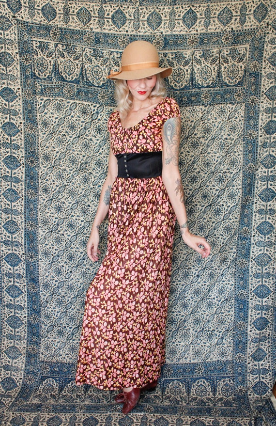 1970s Dark Floral Jersey Maxi Dress - image 2