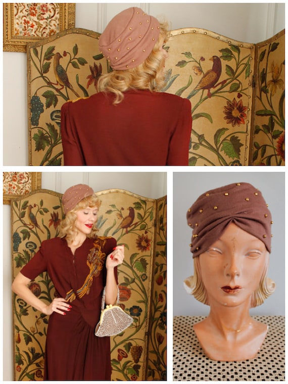 1940s Turban // Studded Wool Turban // vintage 40s