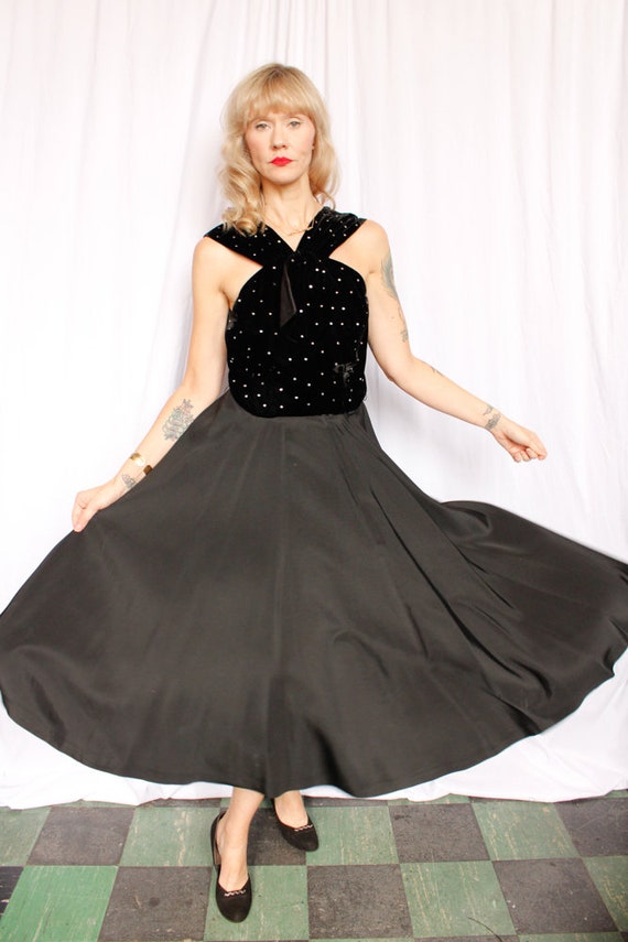 1940s Black Velvet & Taffeta Rhinestone party Dre… - image 3