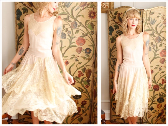 1920s Dress // Chiffon and Lace Wedding Dress // v