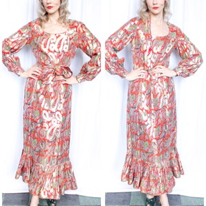 1970s Red & Gold Metallic Maxi Dress image 1