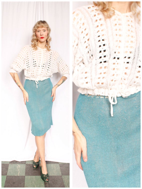 1940s White Open Weave Crochet Cardigan - Med