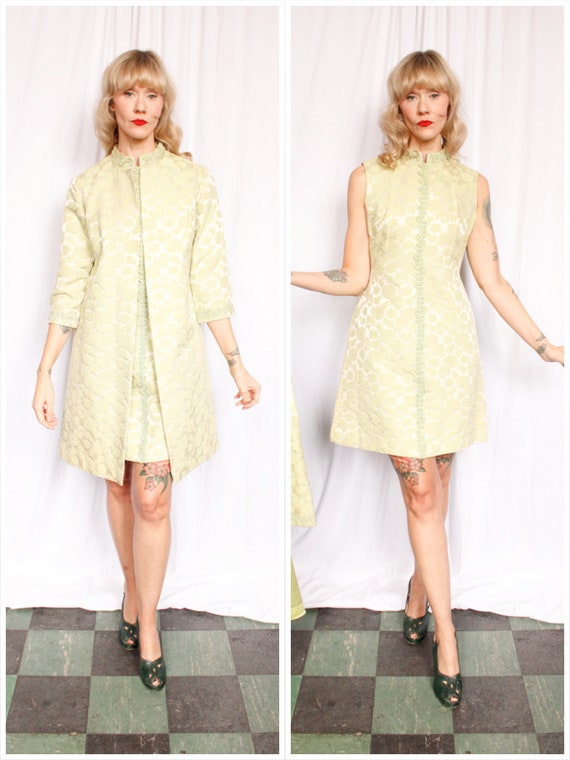 1960s Pale Green Floral Brocade Dress & Jacket