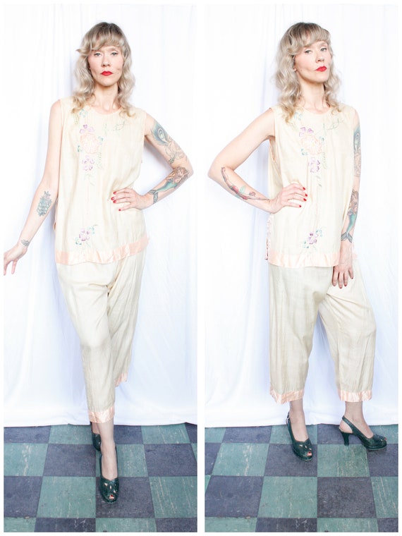 1920s Pongee Silk Pink & Beige Floral Pajamas
