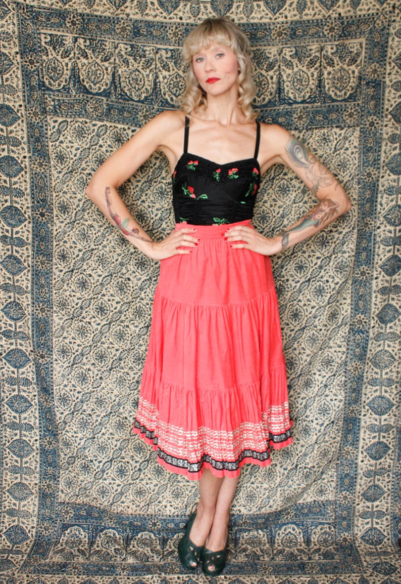 1950s Skirt // Full Swing Corduroy Bright Coral Orange Patio Skirt // vintage 50s skirt image 2