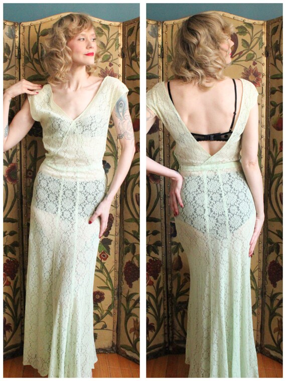 1930s Gown // Celadon Lace Gown // vintage 30s bia