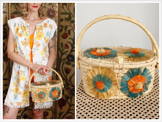 1960s Straw Bag // Floral Summer Straw Bag // vint