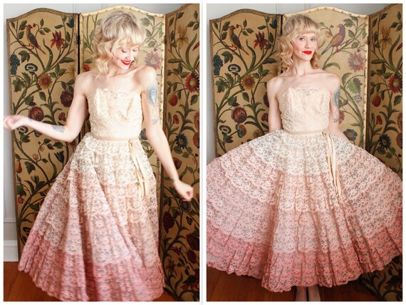 1950s Dress // Cotillion Gradient Pink Tiered Lace