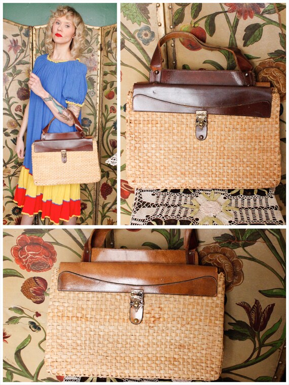 1960s Bag // Oversized Leather and Straw handbag // v… Gem