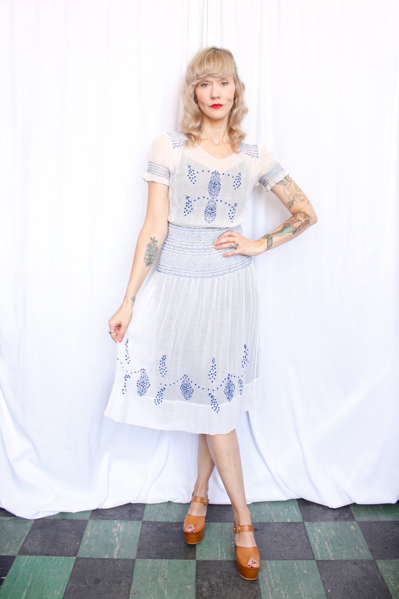 1930s Hungarian Embroidered Cotton Voile Dress Small image 6