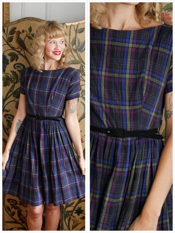 1950s Dress // Evening Walk Plaid Dress // vintage
