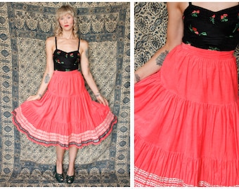 1950s Skirt // Full Swing Corduroy Bright Coral Orange Patio Skirt // vintage 50s skirt