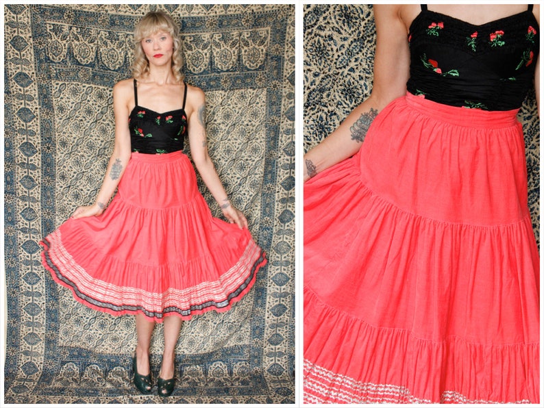 1950s Skirt // Full Swing Corduroy Bright Coral Orange Patio Skirt // vintage 50s skirt image 1