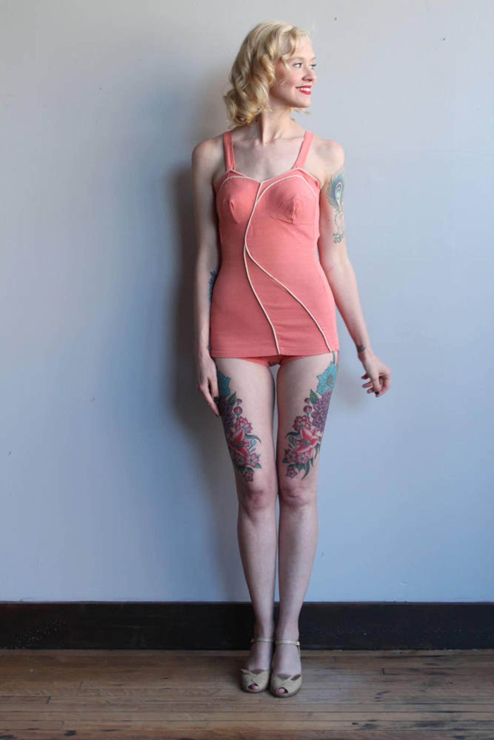 Late 1940s Swimsuit // Ceeb Coral Knit Bathing Suit // vintage Etsy