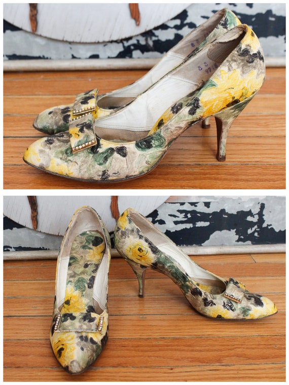 1950s Heels // Silk Floral High Heels // vintage 5