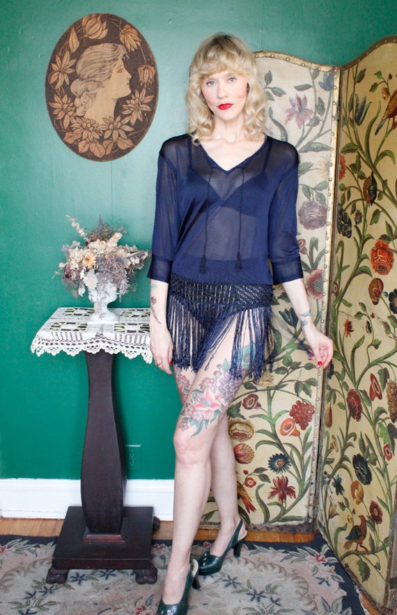1920s Tunic // Sapphire Sheer Blouse with Fringe … - image 2