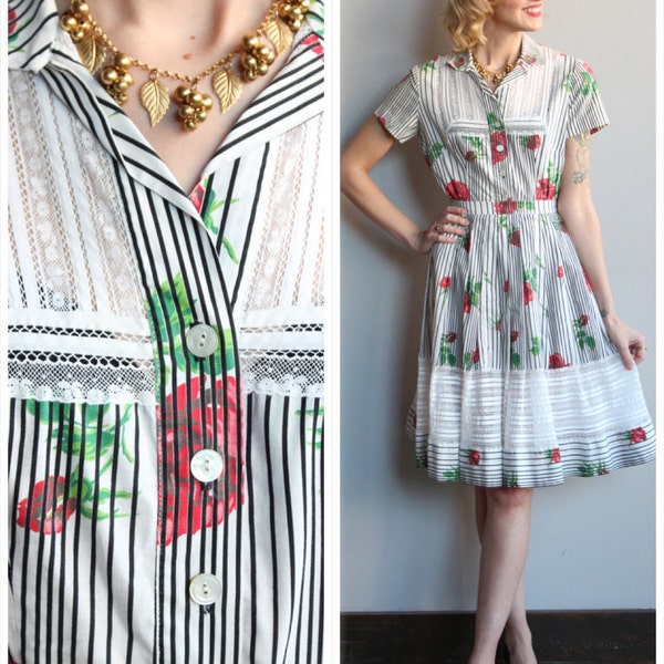 1950s Dress Set // Rose Striped Blouse & Skirt Set // vintage 50s dress 2pc set