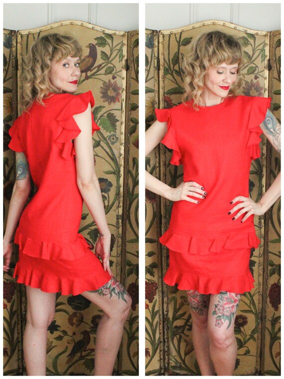 1980s Dress // Melon Orange Linen Ruffle Dress //