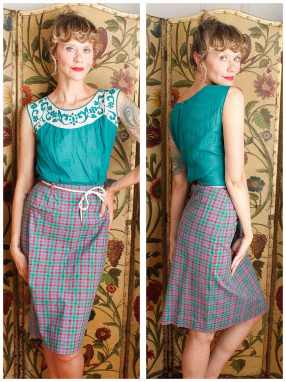 1950s Skirt // Plaid Cotton Pencil Skirt // vintag