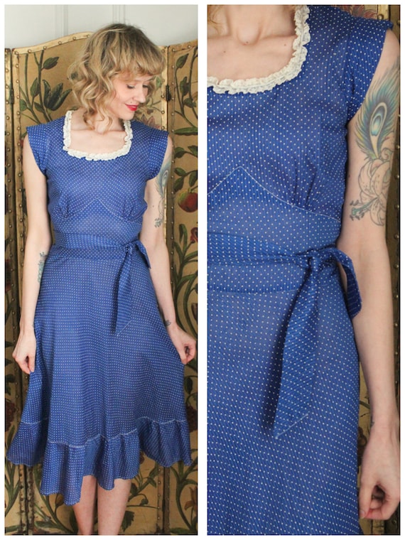 1930s Dress // Swiss Dot Cerulean Cotton Dress //