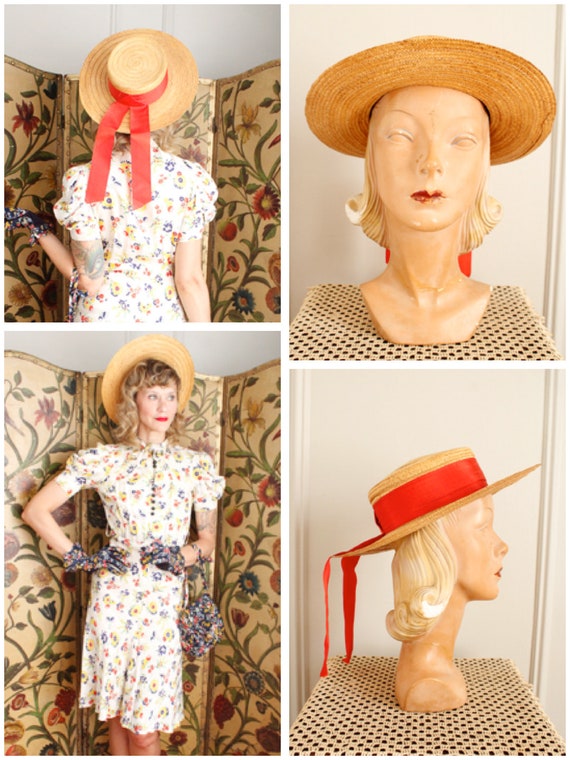 1940s Hat // Italian Straw Cartwheel Hat // vintag