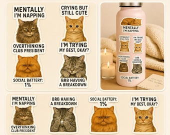 Anxiety Cat Stickers, Funny Mental Health Quotes, Self Care Planner Pack (Digital Download)