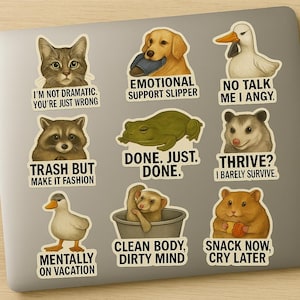May include: A collection of humorous stickers featuring various animals. The stickers include a cat, dog, raccoon, frog, duck, meerkat, possum, and hamster, each with a unique phrase. The stickers are designed with a cartoon style and are on a laptop.