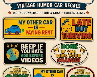 Retro Humor Bumper Sticker Bundle, Vintage Car Decals (Digital Download)