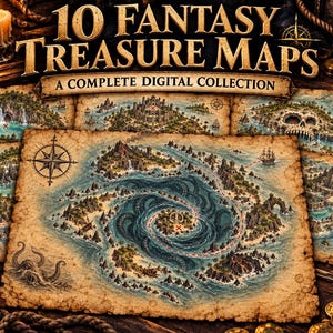 May include: A digital collection of 10 fantasy treasure maps featuring aged parchment textures, intricate illustrations of islands, whirlpools, and sea creatures, with the text 10 FANTASY TREASURE MAPS A COMPLETE DIGITAL COLLECTION, EXPLORE CREATE PLAY.
