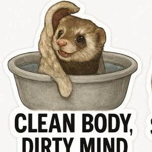 May include: A sticker featuring a cartoon ferret in a gray washbasin, raising a paw. The ferret has brown fur and a pink nose. The text "CLEAN BODY, DIRTY MIND" is printed in bold black letters below the image.