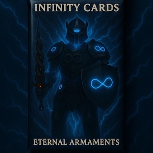 May include: A dark blue pack of Infinity Cards featuring a glowing blue armored figure with a sword and shield. The pack has the text "INFINITY CARDS" and "ETERNAL ARMAMENTS" in white.