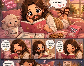 Kawaii Christ Art Print, Bible Story Comics, Christian Nursery Decor (Digital Download)