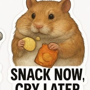 May include: A sticker featuring a cartoon hamster holding a snack and a bag of chips. The hamster is brown with a white background. The text "SNACK NOW, CRY LATER" is printed in black.