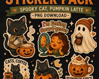 Halloween Cat Stickers PNG Bundle, Cute Spooky Stickers, Pumpkin Spice Cat Sticker Pack, Printable Planner Stickers, Digital Download