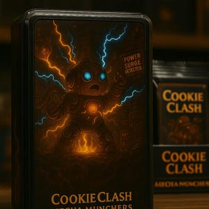 May include: A rectangular black metal tin featuring a graphic of a robot surrounded by orange and blue lightning. The text reads "COOKIE CLASH MECHA MUNCHERS" and "POWER SURGE DETECTED". Beside it, a black box displays the text "COOKIE CLASH".