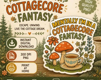 Mentally I'm Cottagecore Fantasy Mushroom Teacup Sticker (Digital Download)