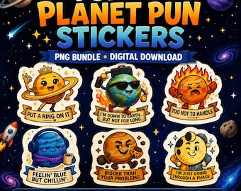 Funny Planet Pun Stickers, Solar System PNG Bundle (Digital Download)