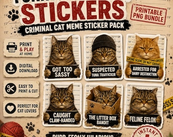 Funny Cat Crime Stickers, Criminal Meme PNG Bundle (Digital Download)