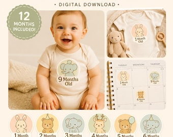 Neutral Animal Baby Milestone Stickers, Monthly Photo Markers (Digital Download)