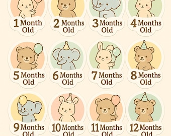 Printable Baby Milestone Stickers – Neutral Animal Monthly Markers | Digital Download for Newborn Photos