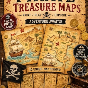 May include: A digital download set of pirate treasure maps featuring aged parchment paper, illustrations of sailing ships, tropical islands, and a skull and crossbones flag. The design includes text such as PIRATE TREASURE MAPS, 10 UNIQUE MAP DESIGNS, and ADVENTURE AWAITS, surrounded by gold coins and a compass.