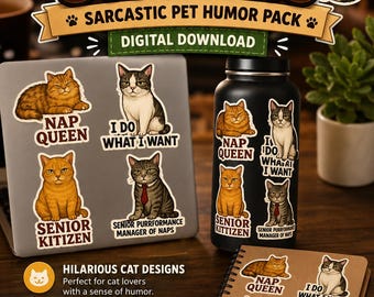 Funny Cat Stickers, Sarcastic Pet Humor Pack (Digital Download)