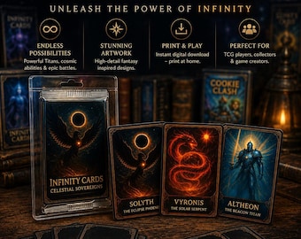 Celestial Sovereigns Fantasy TCG Cards, Mythic Cosmic Titans Trading Card Set, Printable Fantasy Cards, Digital Download