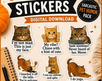 Funny Cat Meme Stickers, Sarcastic Pet Humor Pack (Digital Download)