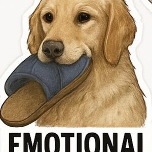 May include: A sticker featuring a golden retriever holding a blue slipper in its mouth. The text "EMOTIONAL SUPPORT SLIPPER" is printed in black below the dog. The dog has brown fur and dark eyes.