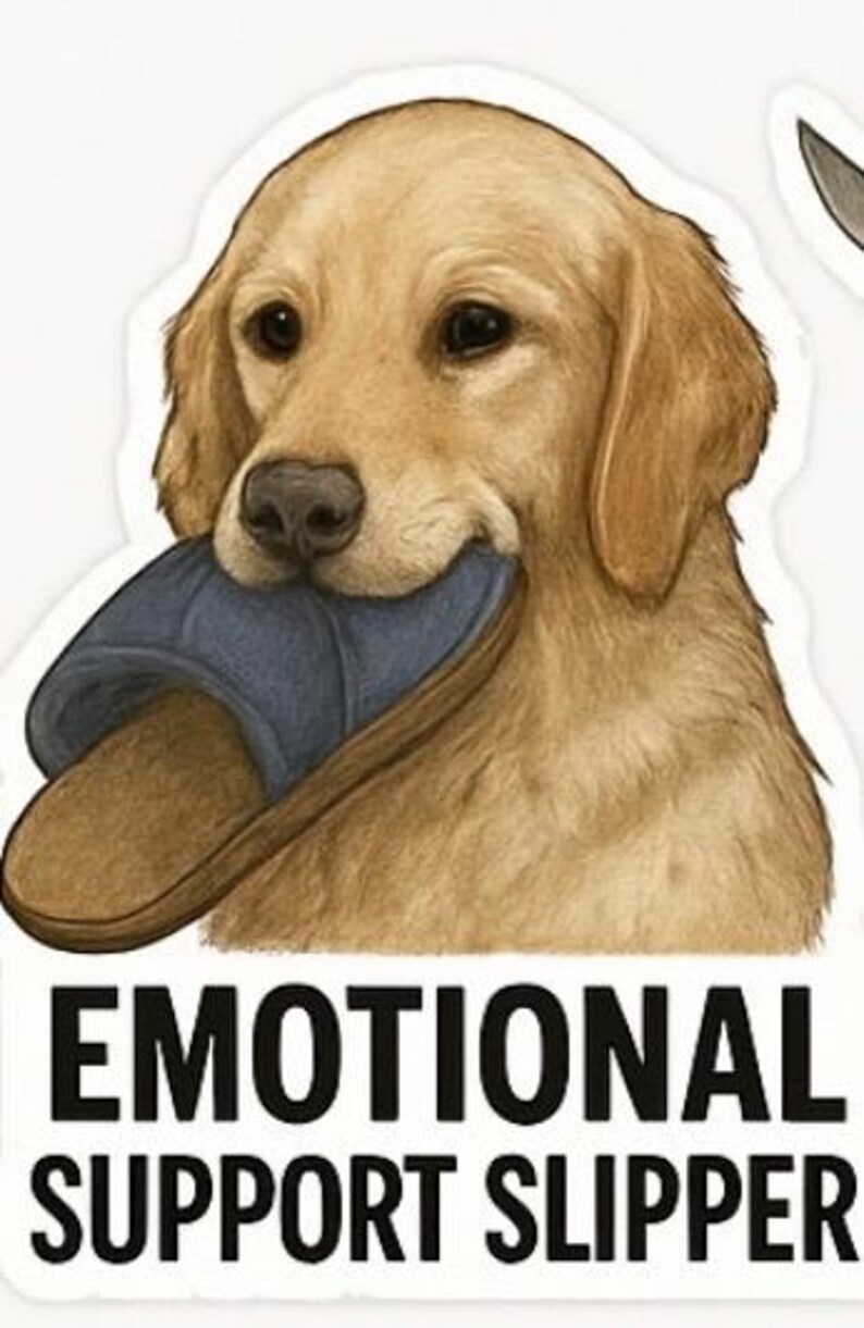May include: A sticker featuring a golden retriever holding a blue slipper in its mouth. The text "EMOTIONAL SUPPORT SLIPPER" is printed in black below the dog. The dog has brown fur and dark eyes.