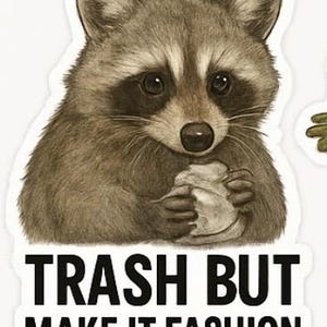May include: A sticker featuring a detailed illustration of a raccoon holding a piece of trash. The text "TRASH BUT MAKE IT FASHION" is printed in bold black letters below the raccoon.