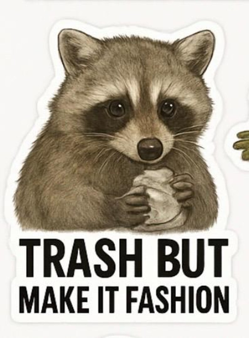 May include: A sticker featuring a detailed illustration of a raccoon holding a piece of trash. The text "TRASH BUT MAKE IT FASHION" is printed in bold black letters below the raccoon.