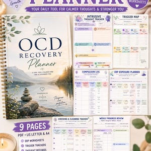 Op de afbeelding: Een printbare OCD-herstelplanner met een spiraalgebonden omslag met een meerlandschap en negen pagina's met begeleide werkbladen, waaronder een tracker voor opdringerige gedachten, een triggerkaart en een logboek voor dwanghandelingen.